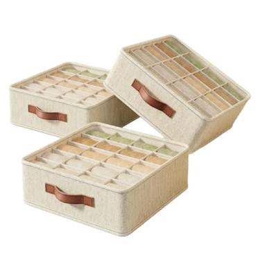 Imagem de Organizador de Gaveta para Meias, Roupas Íntimas e Acessórios - Kit com 3 Divisórias Retangulares, Caixa Organizadora de Tecido, Cor Bege