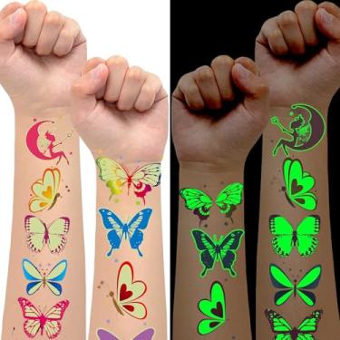Imagem de Tatuagens temporárias de borboletas luminosas para lembrancinhas de festa, adesivos de borboleta, suprimentos de decorações de festa de aniversário de princesa borboleta, tatuagens falsas de maquiagem