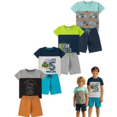 Imagem de 4 Conjuntos Verão Infantil Juvenil Masculino Camiseta reforço gola Bermuda Moletinho Roupa Menino-Masculino