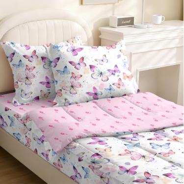 Imagem de Yadangxiawa Jogo de edredom infantil, solteiro com zíper, estampa de borboleta, com manchas coloridas, lençol com elástico e fronhas para todas as estações (borboleta)