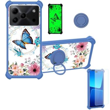 Imagem de jioeuinly Capa para Doogee Note 56 Plus compatível com Doogee Note 56/56 Pro [com protetor de tela de vidro temperado][PC rígido + silicone macio][suporte para anel] [efeito luminoso] YGL-LHD