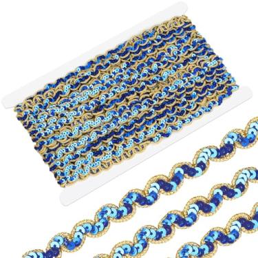 Imagem de Acabamento de lantejoulas onduladas azul royal, borda dourada, 0,4 polegadas, lantejoulas planas com contas de renda, paillette, trança de glitter metálico, acabamento de fita de lantejoulas para