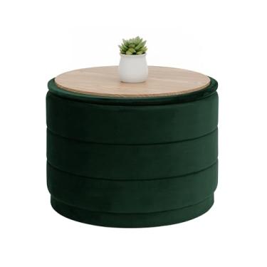 Imagem de B FSOBEIIALEO Otomano de armazenamento de veludo redondo com bandeja, otomano dobrável com mesa de centro de armazenamento descanso de pés para dormitório, sala de estar, garrafa verde, 58 cm x 58 cm