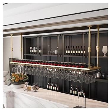 Imagem de Rack de vinho suspenso de altura ajustável, rack de garrafa de teto de metal dourado, com prateleira de vidro para armário inferior, cozinha, bar (cor: ouro, tamanho: 100 x 30 cm) (verde 120 x 30 cm)