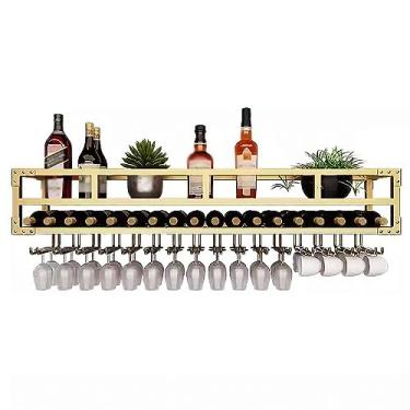 Imagem de Suporte de parede para vinho, prateleira de garrafa de vinho de metal de 2 camadas com suporte de vidro, rack de exibição de armazenamento de vinho, rack organizador para bar cozinha café (cor: preto
