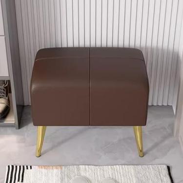 Imagem de AkosOL Banco quadrado de couro moderno para pés pufe para sofá, sala de estar, quarto, banco estofado com pernas douradas, banco de descanso para os pés de lazer, marrom escuro