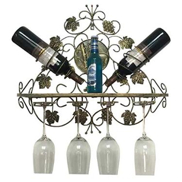 Imagem de Suporte vintage para copos de vinho montado na parede, suporte de taças de ferro comporta 2 garrafas e 4 copos, rack de vinho com prateleira 40 cm × 15 cm × 20 cm (Bronze, branco, preto)