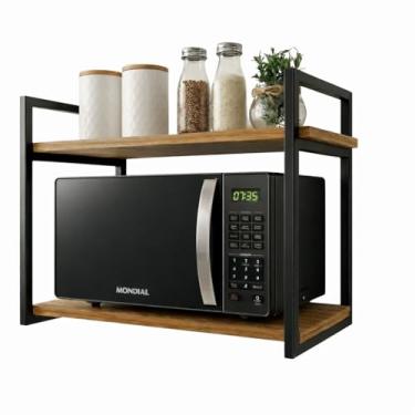 Imagem de Nicho Industrial de Parede em Aço, Preto Fosco, 60x45x30cm, 2 Prateleiras MDF Freijo, Suporte para Microondas, Capacidade 15kg por Prateleira