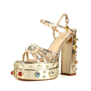 Imagem de Feinlina Sandálias femininas de salto grosso plataforma de strass com tira no tornozelo com pedras preciosas verde rosa estampa floral bordado festa de casamento sandálias, Dourado, 35