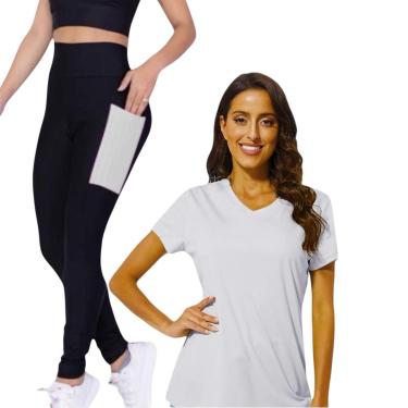 Imagem de Conjunto CAMISETA Blusinha DRY MALHA FRIA POLIAMIDA + Calça LEGGING BOLSOS Academia Fitnes 534-Feminino