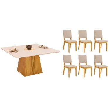 Imagem de Conjunto: Mesa de Cozinha Itália c/ Tampo Madeirado c/ Vidro Curvo 136x136cm e 6 Cadeiras Talia Cedro/Off White - Suede Creme - DJ Móveis