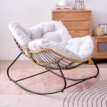 Imagem de Cadeira de balanço moderna com encosto alto, cadeira de balanço moderna com estrutura de metal, poltrona estofada, cadeira lateral confortável para sala de estar, quarto, varanda (tecido de lã branco)