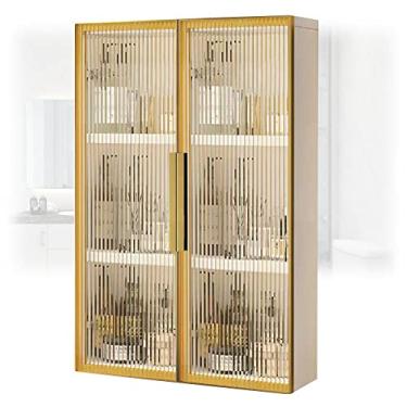 Imagem de Armário de banheiro dourado montado na parede, armário de remédios de madeira com portas de vidro, armazenamento de chuveiro elegante acima do vaso sanitário para lavanderia e sala de estar, 60 x 14 x