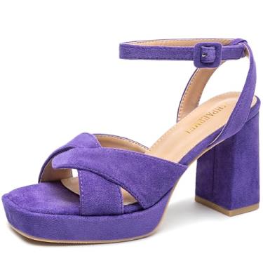 Imagem de KHPAERMEI Salto plataforma grosso para mulheres, sandálias de salto de 8,54 cm, confortável, camurça, bico aberto, tira no tornozelo, vestido de salto alto, formatura, casamento, Roxa, 39