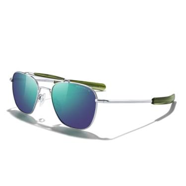 Imagem de MERRY'S Óculos de sol Classic Square Aviator II Military Polarizados para homens ou mulheres S8637, Lente polarizada espelhada verde cromada brilhante/verde, Lens Width: 55 Millimeters