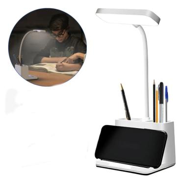 Imagem de Luminária de Mesa LED Recarregável com Suporte para Celular - 3 Níveis de Luz, Porta Canetas