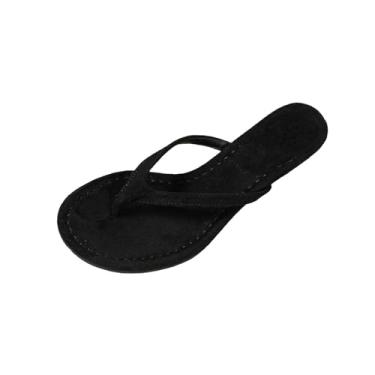 Imagem de Sandálias femininas com bico redondo e salto baixo fino, com cabedal rebanho para estilo casual texturizado, Preto, 35