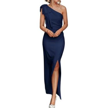 Imagem de Vestido PRETTYGARDEN Feminino Ombro Único com Franzidos Maxi Azul Mari
