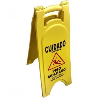 Imagem de Placa de Sinalização Piso Molhado com Dizeres em Português e Inglês Proteção UV Amarelo Higipack