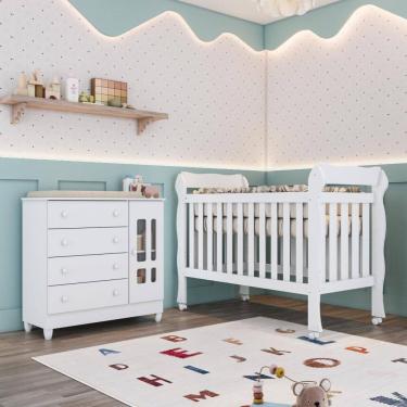 Imagem de Quarto Bebê Berço Americano 3 em 1 Lila Cômoda Infantil Fraldário Ariel 100% MDF Branco Carolina Baby
