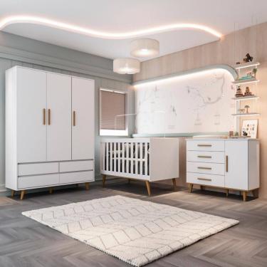 Imagem de Quarto Bebê Completo Retrô Ludmila Berço Americano 3 em 1 Cômoda Fraldário Guarda Roupa Lorena 100% MDF Branco Carolina Baby