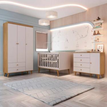 Imagem de Quarto Bebê Completo Retrô Lígia Berço Americano 3 em 1 Ludmila Cômoda Fraldário Guarda Roupa 3 Portas MDF Off Carolina Baby