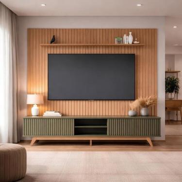 Imagem de Conjunto Painel Ripado 250cm Tv até 85 Polegadas e Rack 220cm 4 Portas Pés Madeira Maciça Yescasa Freijó/Hortelã