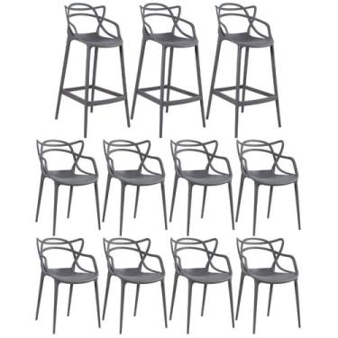 Imagem de Laraz, KIT - 8 x cadeiras + 3 x banquetas altas Masters Allegra - Cinz