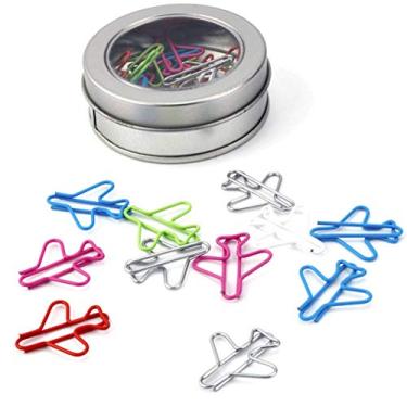 Imagem de 24 peças de grampos de papel de avião de cores sortidas com caixa de armazenamento para decoração de marcadores de livro, clipes escolares de escritório e materiais de organização de documentos pessoais