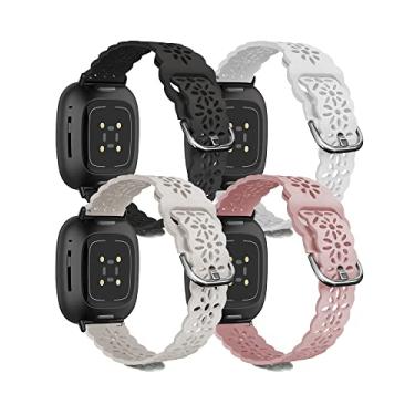 Imagem de Ginkgonut Linda pulseira esportiva fina de silicone compatível com Fitbit Sense / Versa 3 / Versa 4 / Sense 2 pulseiras femininas, pulseira de relógio inteligente de substituição de renda de silicone macio para mulheres (A-preto, branco, pó de areia, luz das estrelas)