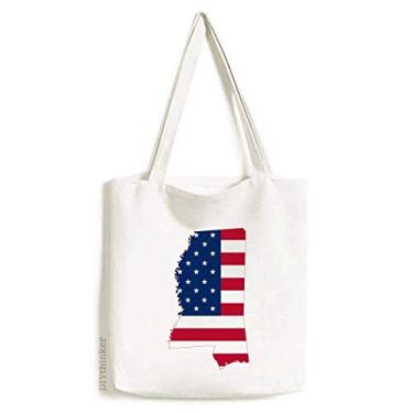 Imagem de Mississippi USA Mapa Estrelas Listras Bandeira Forma Sacola de Lona Bolsa de Compras Casual Bolsa