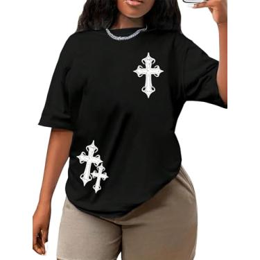 Imagem de WDIRARA Camiseta feminina tropical estampa gráfica meia manga gola redonda camiseta grande verão top, Preto, X-Large Plus