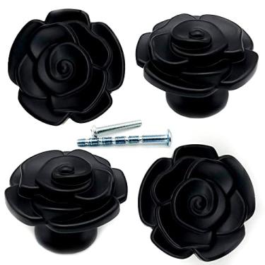 Imagem de YOUYOUULU 4 maçanetas de gaveta antigas, pretas, rosas, retro-flores, puxadores de gabinete, metal pesado-resistente-roseira-puxador (preto)