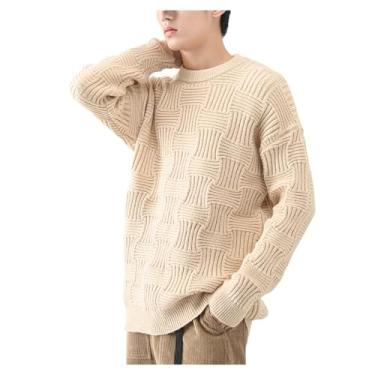 Imagem de Suéter masculino Jacquard tricotado camada base cor sólida suéter fino gola redonda borda canelada pulôver base, Bege, XG