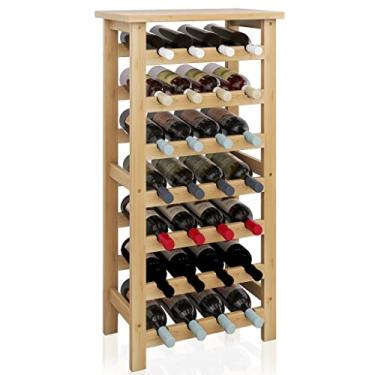 Imagem de SMIBUY Rack de vinho de bambu, suporte de exibição de 28 garrafas com tampo de mesa, prateleiras de armazenamento independentes de 7 camadas para cozinha, despensa, adega, bar (natural)