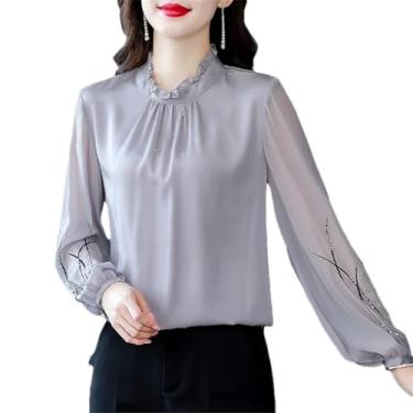 Imagem de Camisas de seda femininas de manga comprida para mulheres, blusas de seda verdadeira, blusa feminina, Roxo claro, G