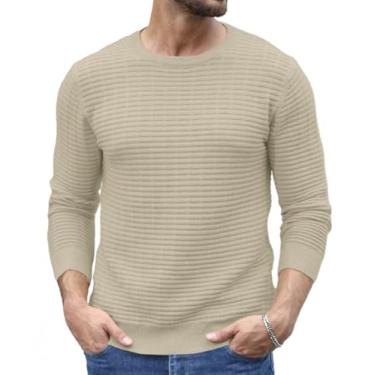 Imagem de Askdeer Suéter masculino de tricô casual gola redonda texturizado manga longa pescador pulôver suéter, A02 Cáqui, Small