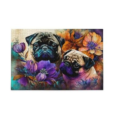 Imagem de ZENWAWA Quebra-cabeça de madeira, 1000 peças, impressão de pintura de dois pugs, zigsaw com divisória do alfabeto, bolsa de armazenamento fácil de resolver para adultos