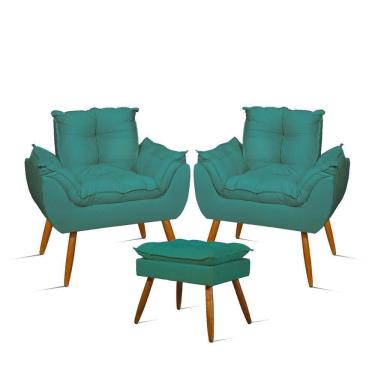 Imagem de Kit 02 Poltronas Decorativas + 01 Puff Para Apoio Dos Pés Cor:azul Turquesa Azul Turquesa