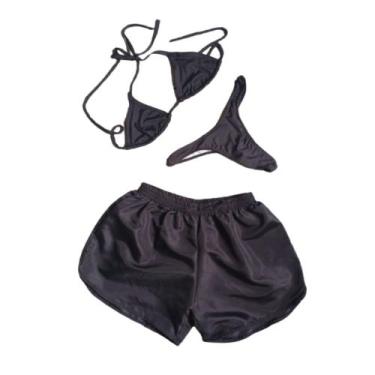 Imagem de Biquíni Cortininha Fio Dental Marquinha Sem Bojo com Shorts Tactel Pre