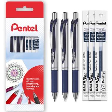 Imagem de Pentel EnerGel XM BL77 – Caneta retrátil de tinta gel líquida – 0,7 mm – 54% reciclada – Carteira de papelão com 3 canetas + 3 refis (azul marinho)