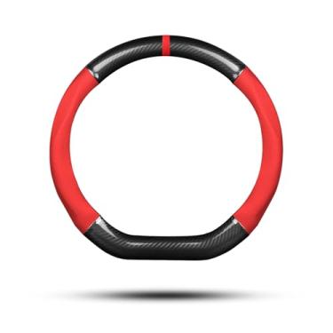 Imagem de Ergocar Capa de volante de carro antiderrapante protetor de volante esportivo em forma de D de fibra de carbono e couro PU universal para diâmetro de 38 cm (15") (preto-vermelho-listra-U)
