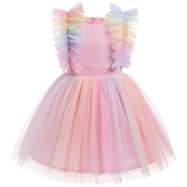 Imagem de Vestido de princesa de aniversário de confete infantil manga com babados boho bolo esmagamento sessão de fotos roupa 3-10T, Lantejoulas arco-íris, 2-3 Anos