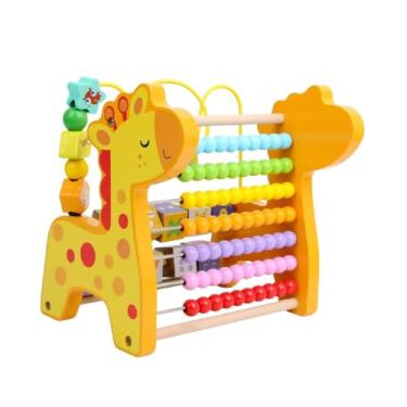 Imagem de Ábaco de Madeira Infantil 7 Linhas com Contas Coloridas Brinquedo Educativo de Matemática (Girafinha Amarela)