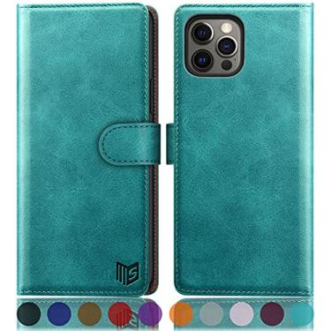 Imagem de SUANPOT Capa carteira para iPhone 13 Pro Max 6.7 5G com bloqueio de RFID, porta-cartão de crédito, capa para telefone de couro PU flip book capa à prova de choque celular feminina masculina para Apple 13 Promax capa carteira azul verde