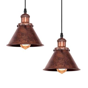Imagem de Lingkai 2Pcs Farmhouse Copper Pendant Light Rustic Cone Shade Mounted Luminária Pendurada Teto Lâmpada Antique Painted Copper Finish Pequena Luz
