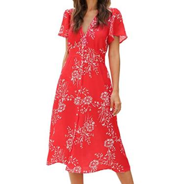 Imagem de ROYLAMP Vestido feminino floral com abertura de botão, decote V profundo, manga sino, casual, midi com bolsos, Floral vermelho, GG