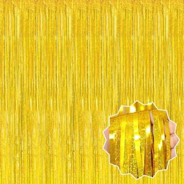 Imagem de Pacote com 6 cortinas douradas com franja de alumínio de 8 x 2,5 m, decoração de festa, cenário metálico para cabine de fotos, Halloween, Natal, aniversário, celebração, evento, decoração de festa