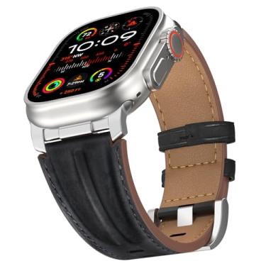 Imagem de Bouixel Pulseira de couro genuíno de grão superior compatível com Apple Watch Ultra 3 de 49 mm, 46 mm, 45 mm, 44 mm e 42 mm, pulseira de metal resistente para Apple Watch Ultra 2/1 séries 11 10 9 8 7