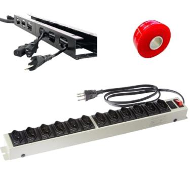 Imagem de Filtro de Linha 12 Tomadas com Organizador de Cabos e Fios 5 Metros e Fita 3M Ultraresistente - 20 cm segura até 5kg